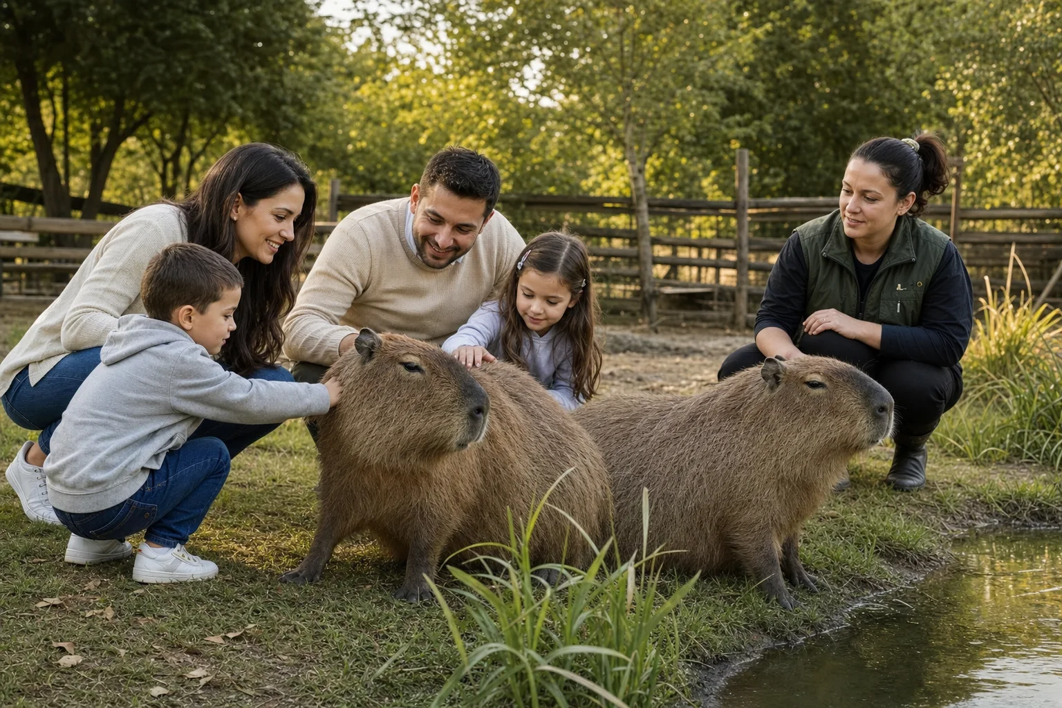 O familie care observă două capibare alături de un îngrijitor